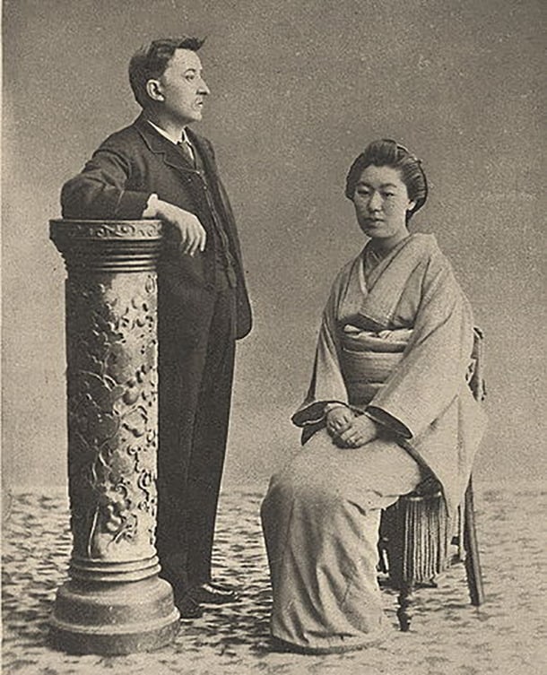 Lafcadio Hearn with his Japanese wife Setsu Koizumi, showing the writer's integration into Japanese society and family life
